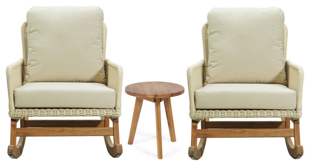 CKH Outdoor 3-Piece Rocking Chair Set with Cushions & Table, Ivory/Natural