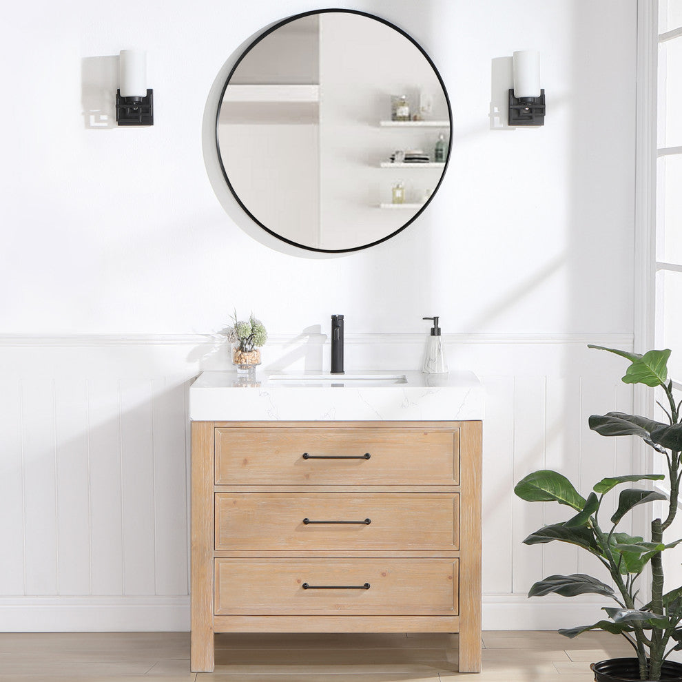 Leon Bath Vanity With Composite Stone Top, Fir Wood Brown, 36", No Mirror