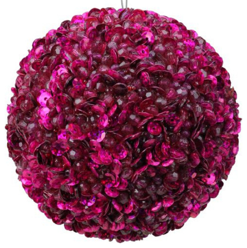Lavish Fuschia Pink Fully Sequined and Beaded Christmas Ball Ornament, 4.25"