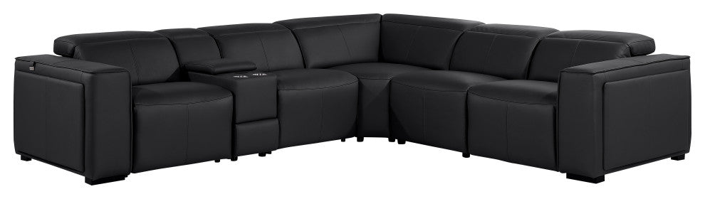 Niccolo Top Grain Italian Leather 6-Piece L-Shaped Power Reclining Sectional, Black