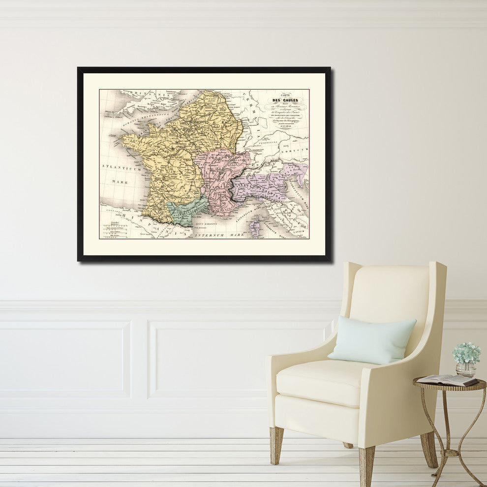 France Vintage Map Print On Canvas With Picture Frame, 28" X 37"