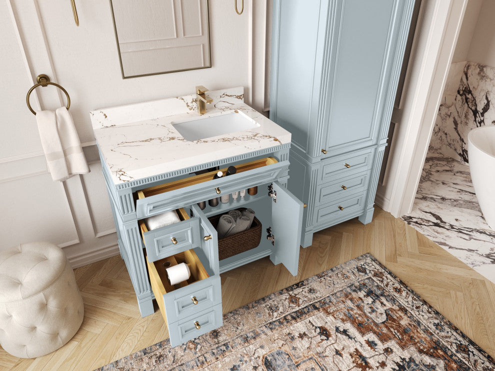 Paris 36" Right Offset Bathroom Vanity, Blue Heather 2" Empira Quartz