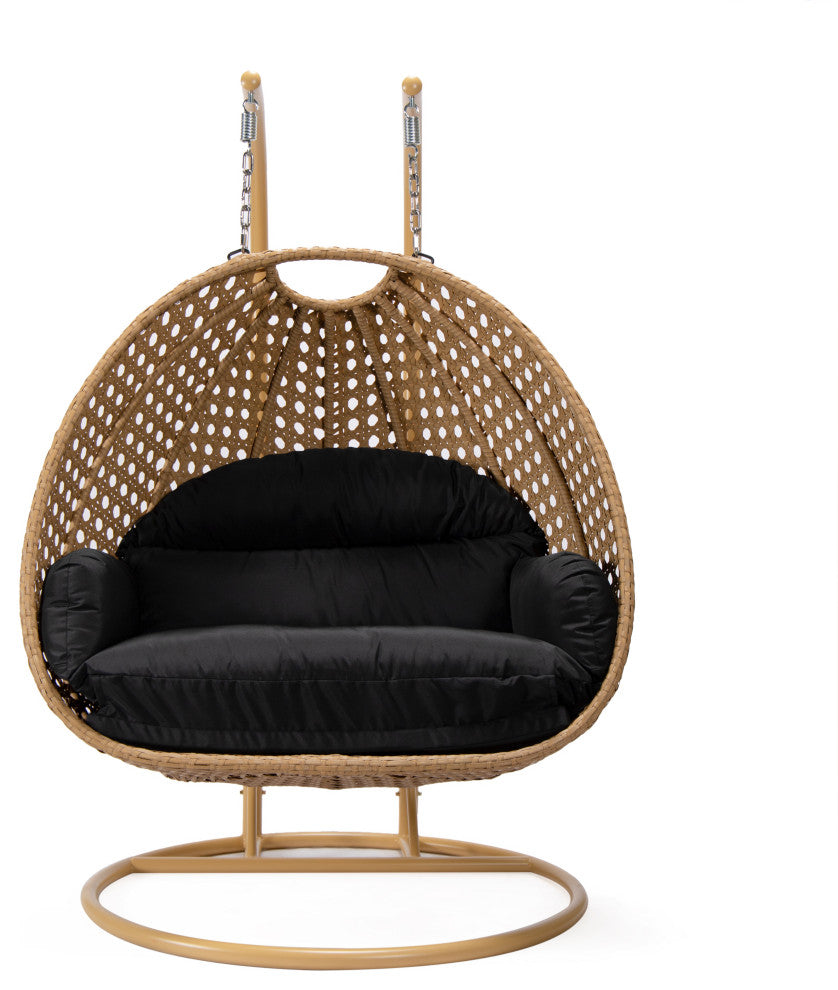LeisureMod Mendoza Light Brown Wicker Hanging Double Egg Swing Chair, Black