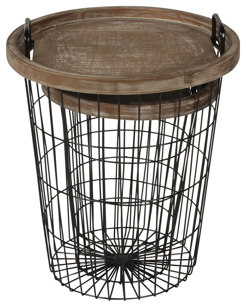 Tenby Nesting Metal and Wood Tray Basket End Tables, Rustic Brown/Black 2 piece