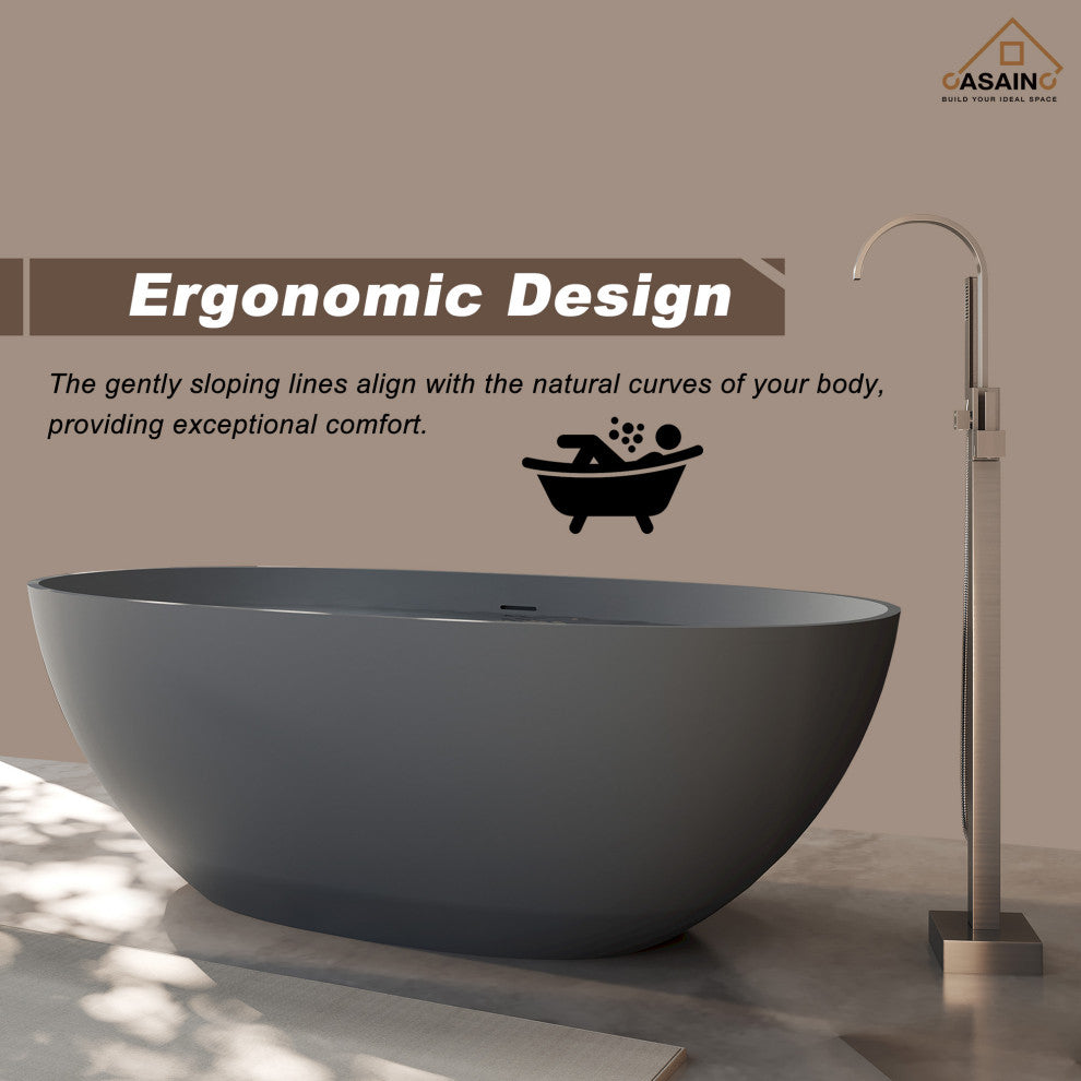 65in Solid Surface Freestanding Bathtub in Matte Black, Matte Grey
