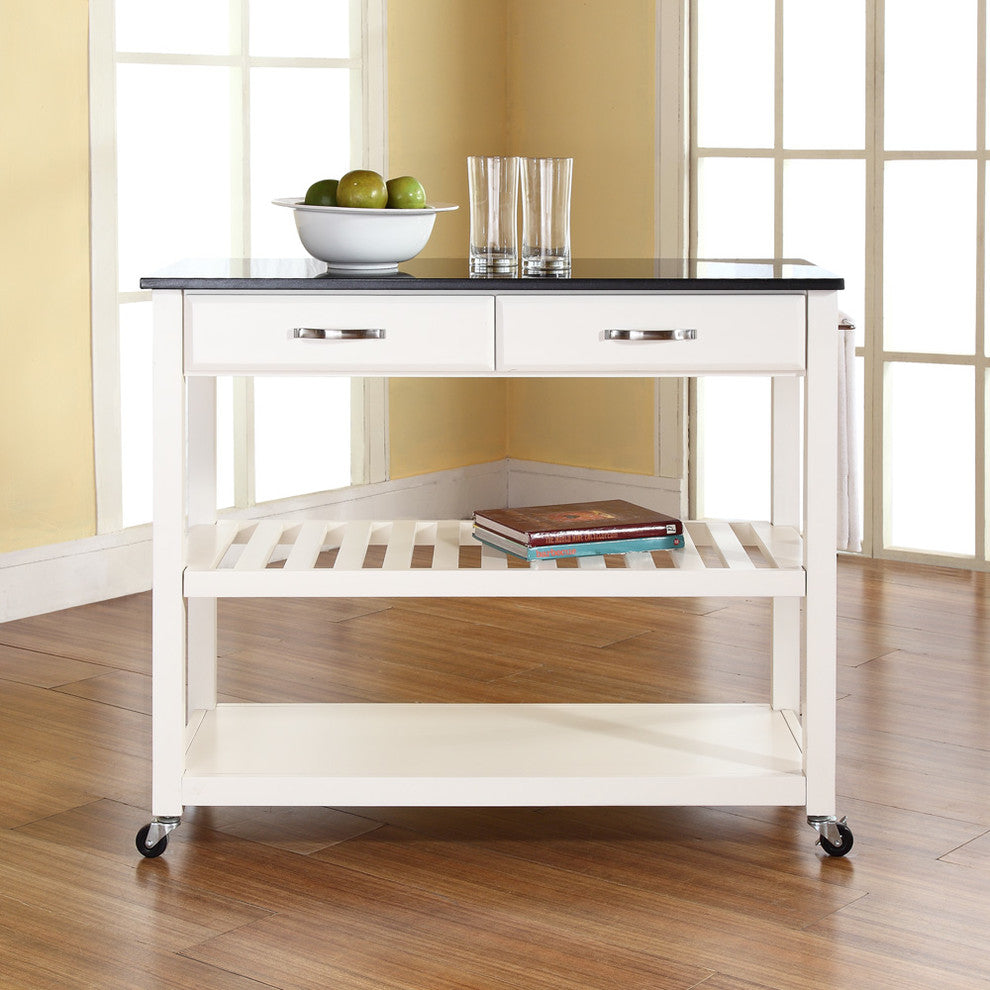Crosley 2 Drawer Black Granite Top Kitchen Cart in White