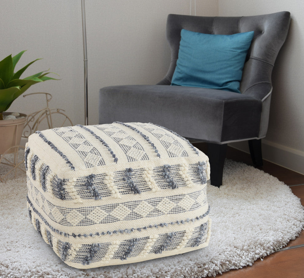Navy and Ivory Tufted Geometric Pouf
