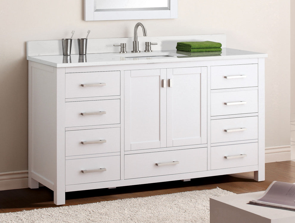 Avanity Modero 60" Single Vanity, White, Cala White Engineered Stone Top