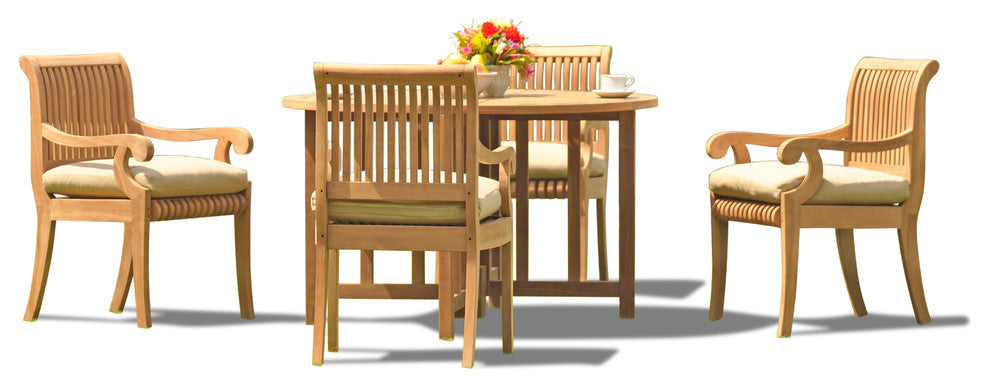 5-Piece Outdoor Patio Teak Dining Set, 48" Butterfly Table, 4 Arm Chairs