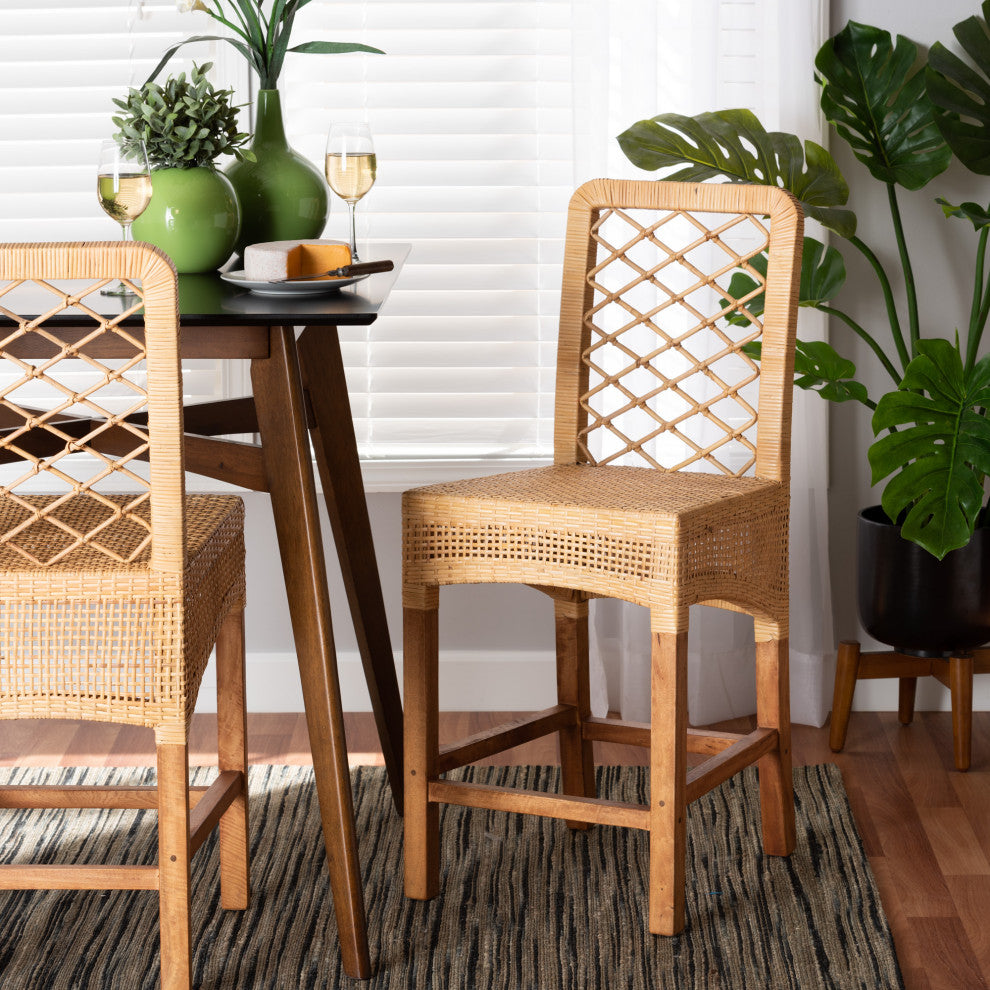 Moscow Bohemian Natural Brown Rattan and Walnut Brown Finish Wood Counter Stool