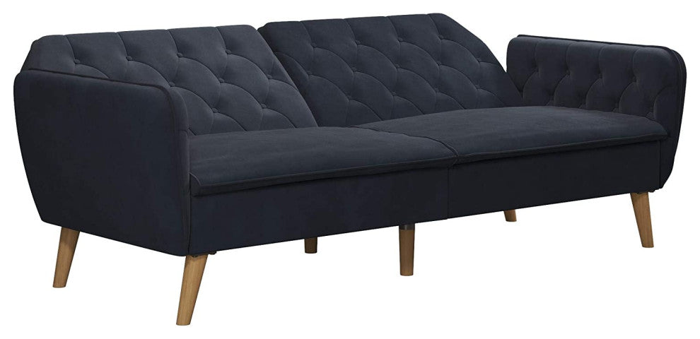 Blue Velvet Memory Foam Futon with Tapered Legs and Button Tufted Back, Blue