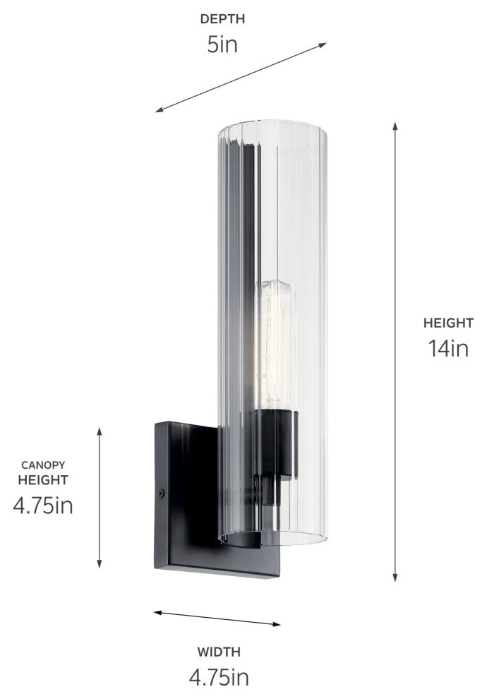 Jemsa 14" 1 Light Wall Sconce With Clear Fluted Glass, Black