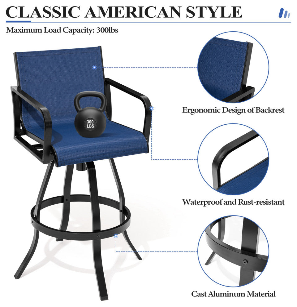 2PCS Patio Bar Stools Set Outdoor Cast Aluminum Bar Height Swivel Stools, Blue