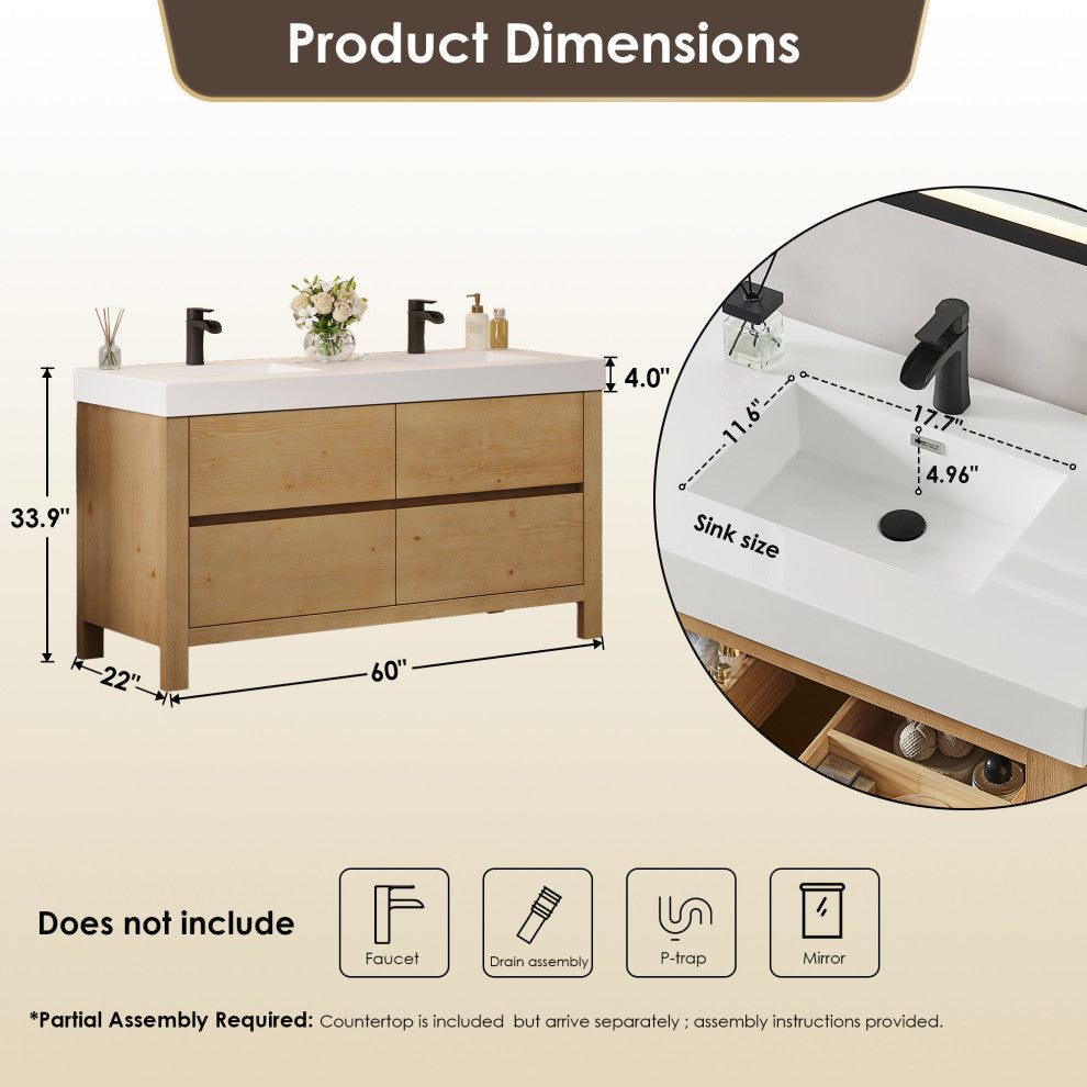 Cascadia Bathroom Vanity, Weathered Fir, 60", No Mirror
