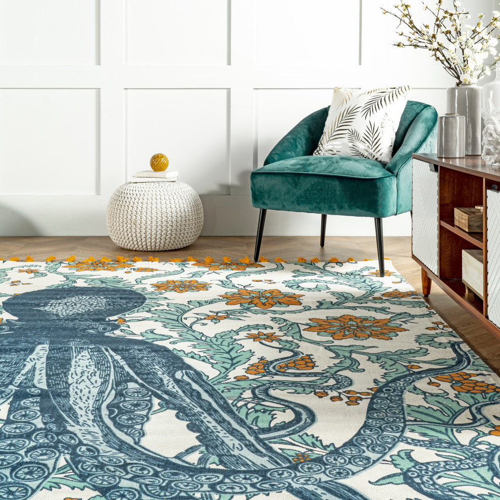 Nuloom Flatweave Cotton Giant Octopus Area Rug, Blue Multicolor 2'8"x8'Runner