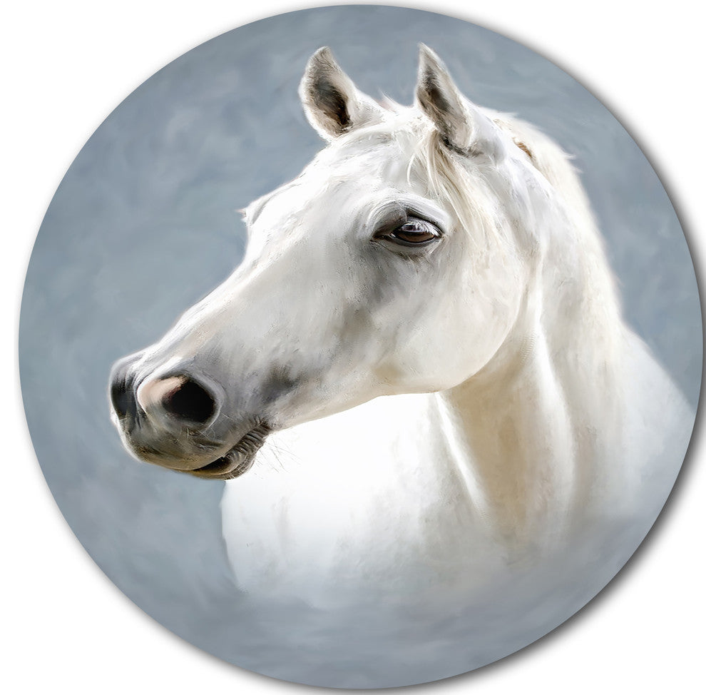 A White Horse Alone, Animal Disc Metal Artwork, 36"