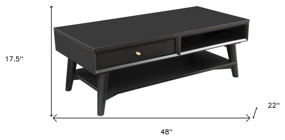 48" Black Solid And Manufactured Wood Coffee Table With Drawer