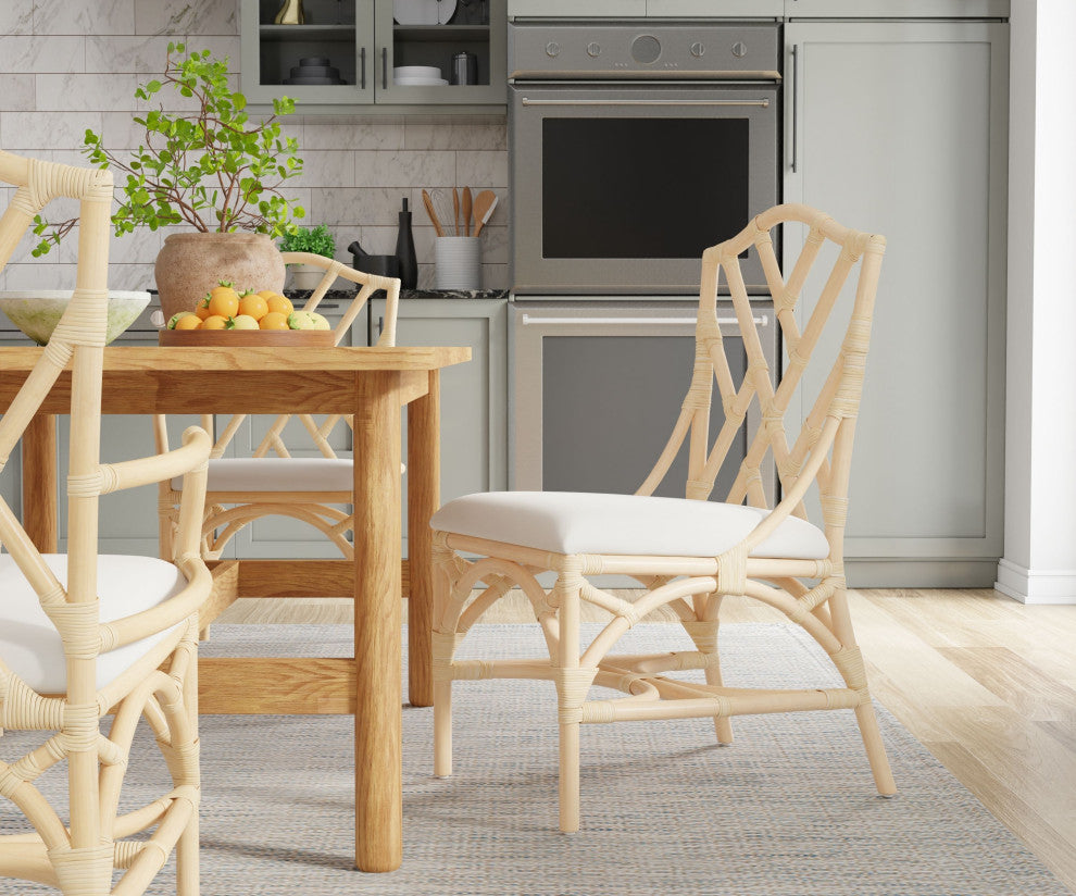 Rattan Chippendale Upholstered Dining Chair, Set of 2, Natural-Brown
