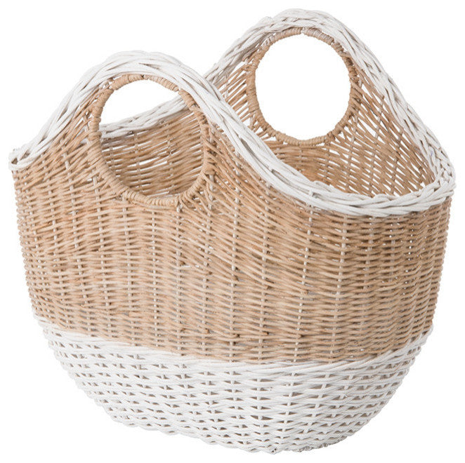 Oval Tote Decorative Wicker Storage Basket, Natural and White