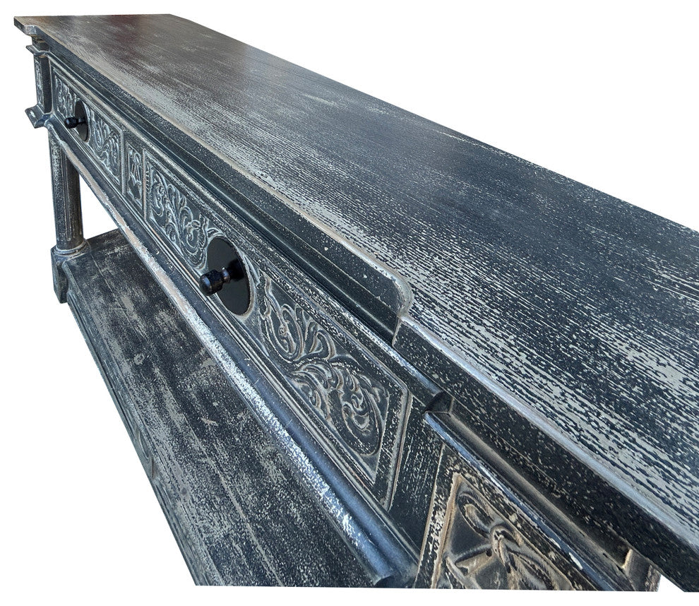 Distressed Black Gray Relief Floral Motif Tall Credenza Console Cabinet Hws4346
