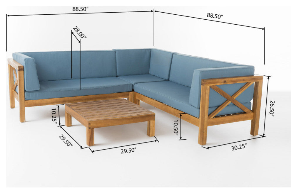GDF Studio Brava Outdoor 4 Piece V-Shaped Acacia Wood Sectional Sofa Set, Blue