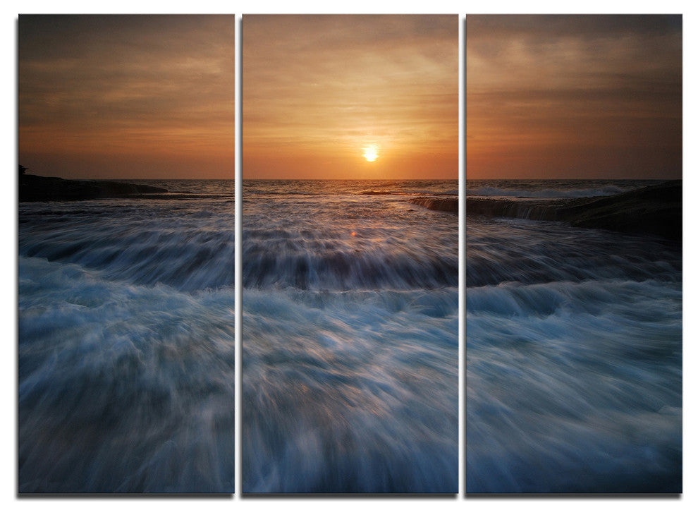 "Sunrise Over Rushing White Waves" Beach Metal Wall Art, 3 Panels, 36"x28"