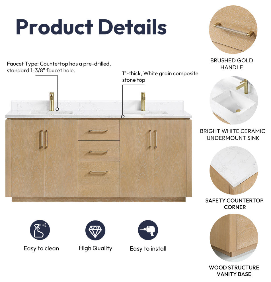 San Bath Vanity with Stone Top, Washed Ash Grey, 72", Double Vanity, No Mirror