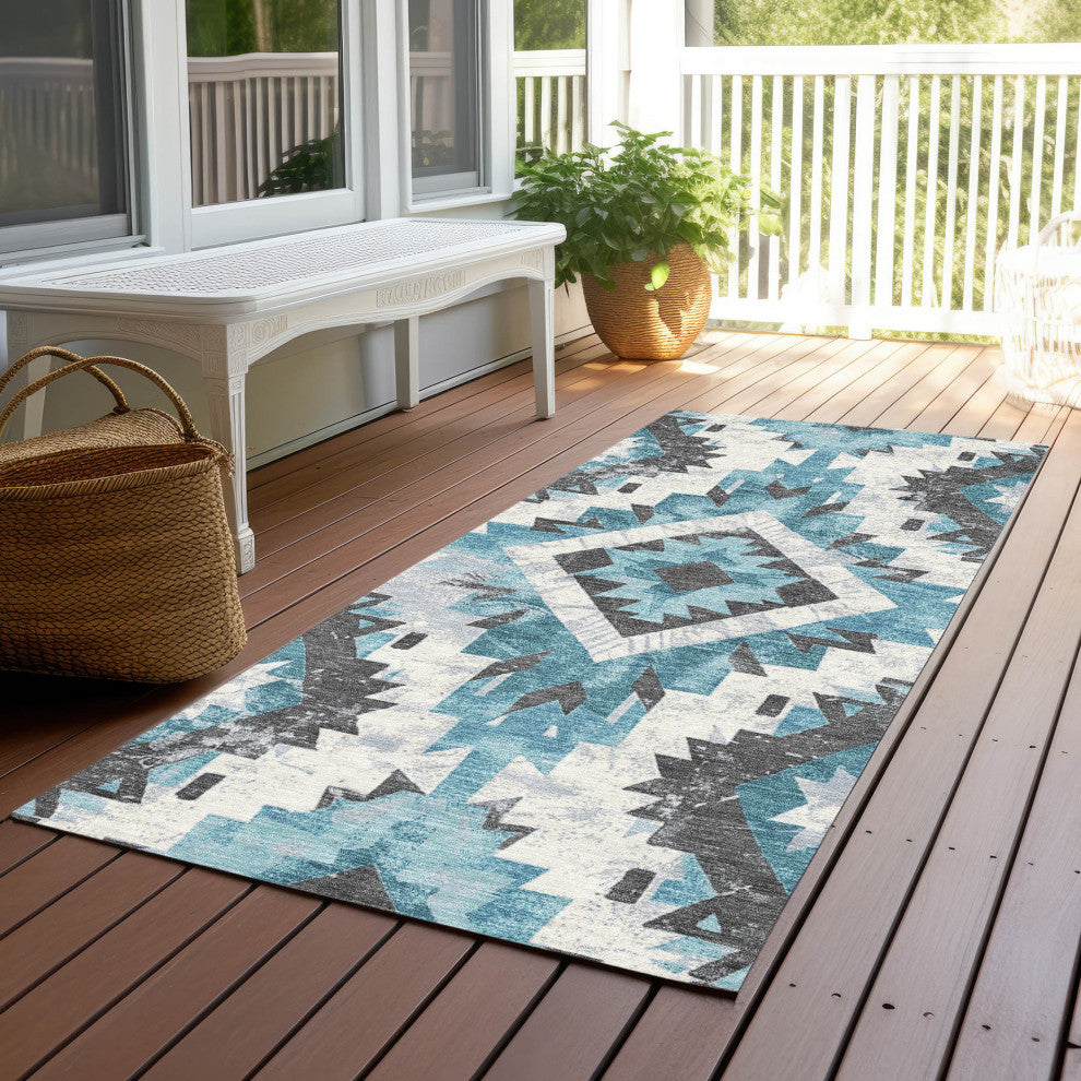 Machine Washable Indoor/Outdoor Chantille ACN1878 Teal 2'3" x 7'6" Runner Rug