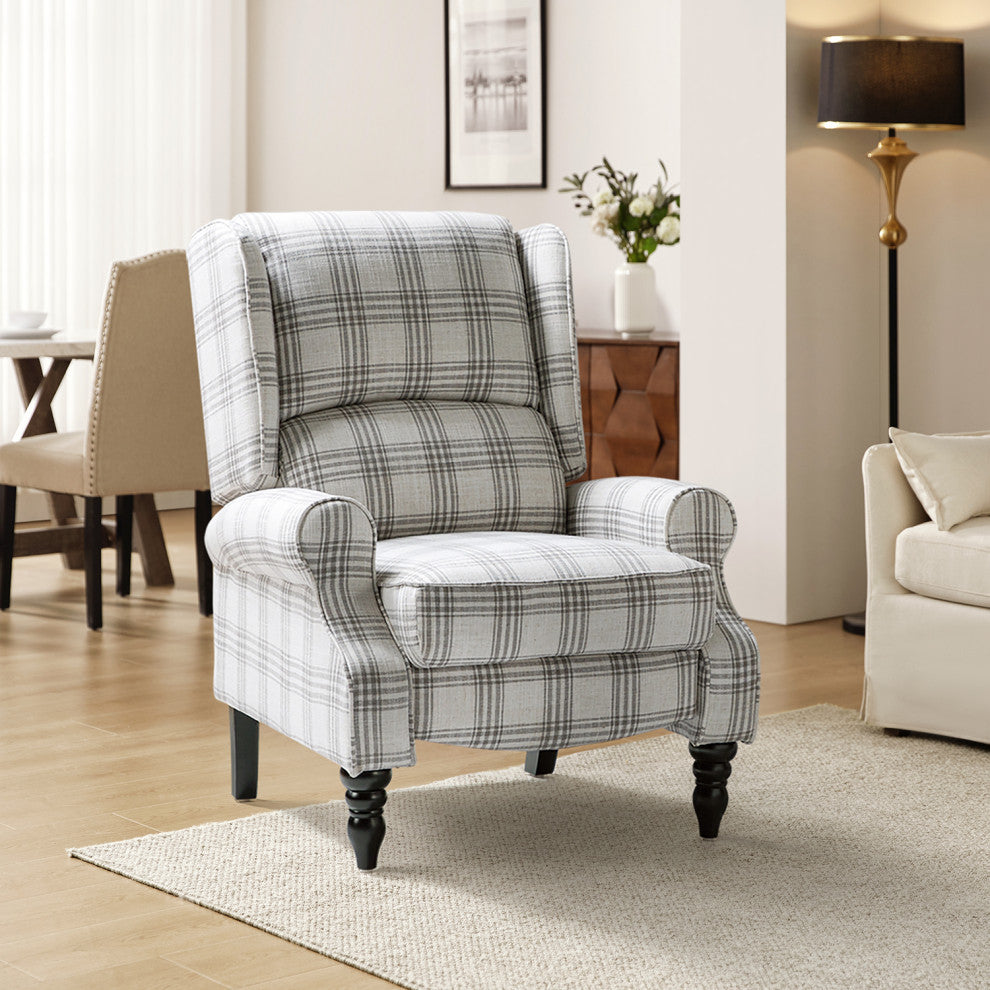 Modern Push-Back Plaid Recliner with Rolled Armrest, Plaid Gray