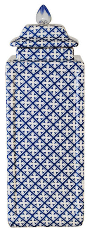 Blue and White Square Porcelain Temple Jar Geometric Design 11"