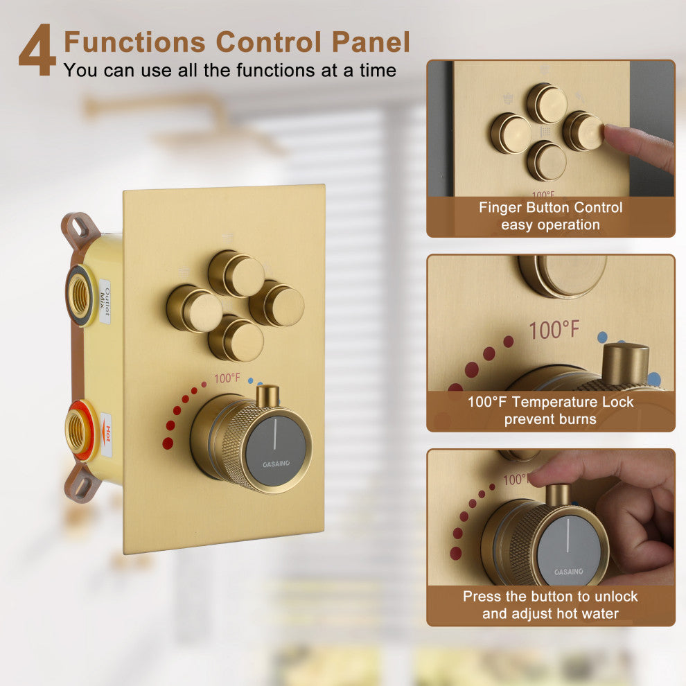 12" Dual Heads Shower System with 4 Way Thermostatic Faucet, Brushed Gold