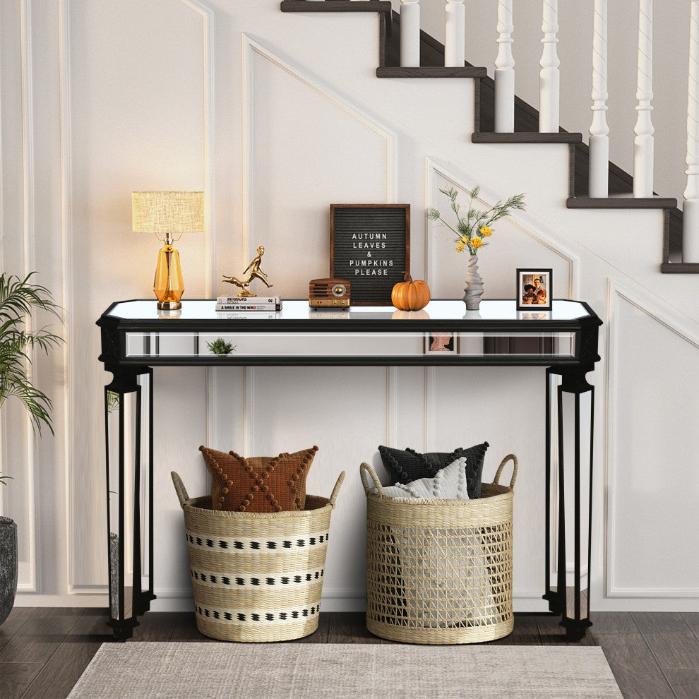 GDF Studio 48" Vintage Mirror Console Table, Wood Grain Carving, Black/Silver