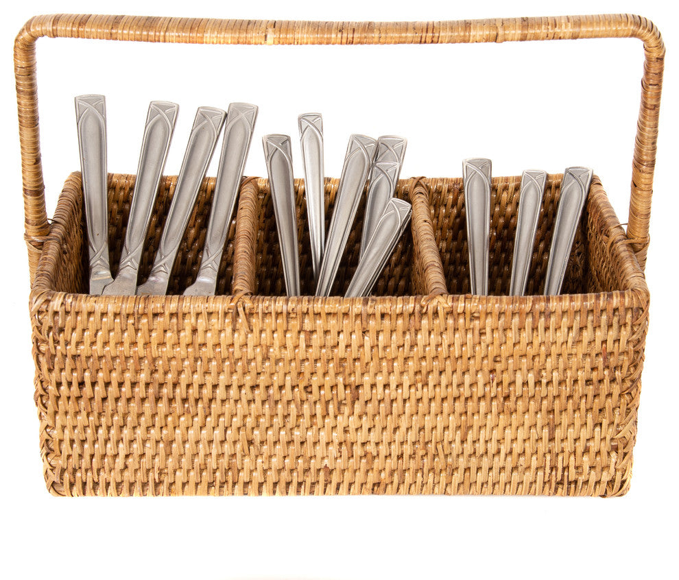 Artifacts Rattan™ 3 Section Caddy/Cutlery Holder with Handle, Honey Brown
