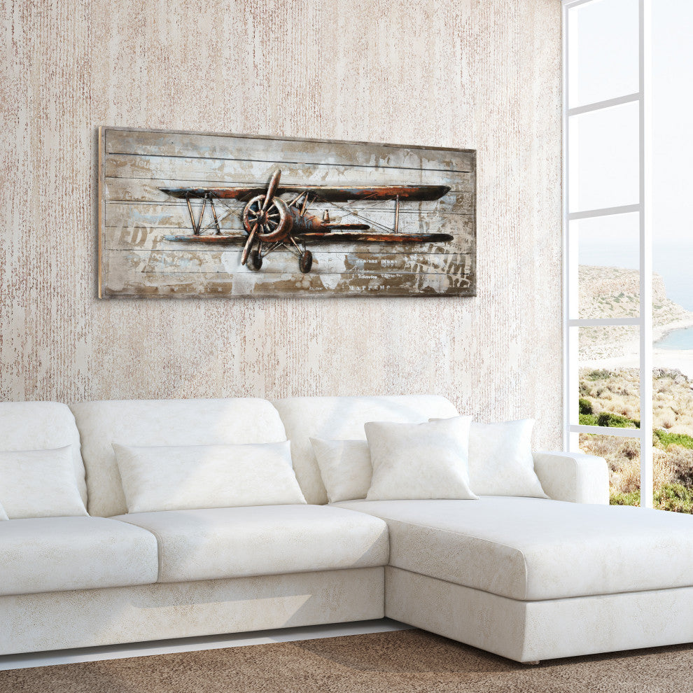 "Model Airplane" Metallic Handed Painted Rugged Wooden Blocks Wall Art