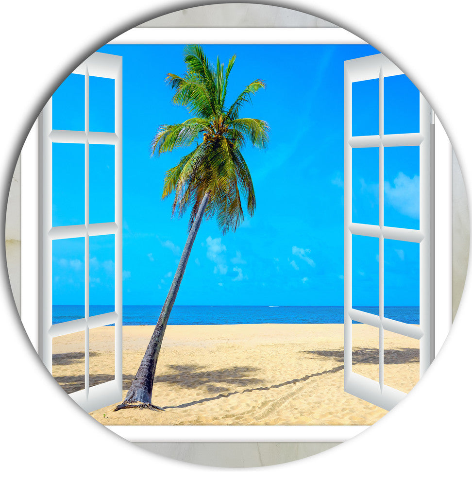 Open Window To Beach With Palm, Seashore Round Wall Art, 11"