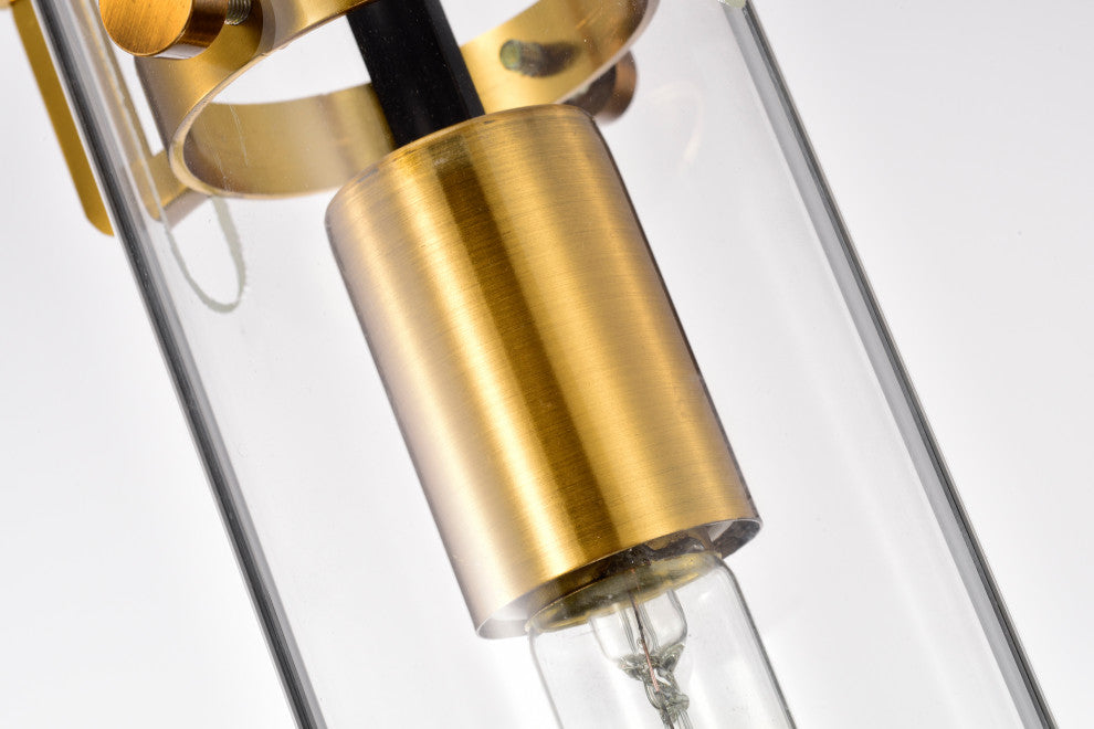 1-Light Black and Antique Gold Mini Pendant With Clear Cylindrical Glass ShadeFe
