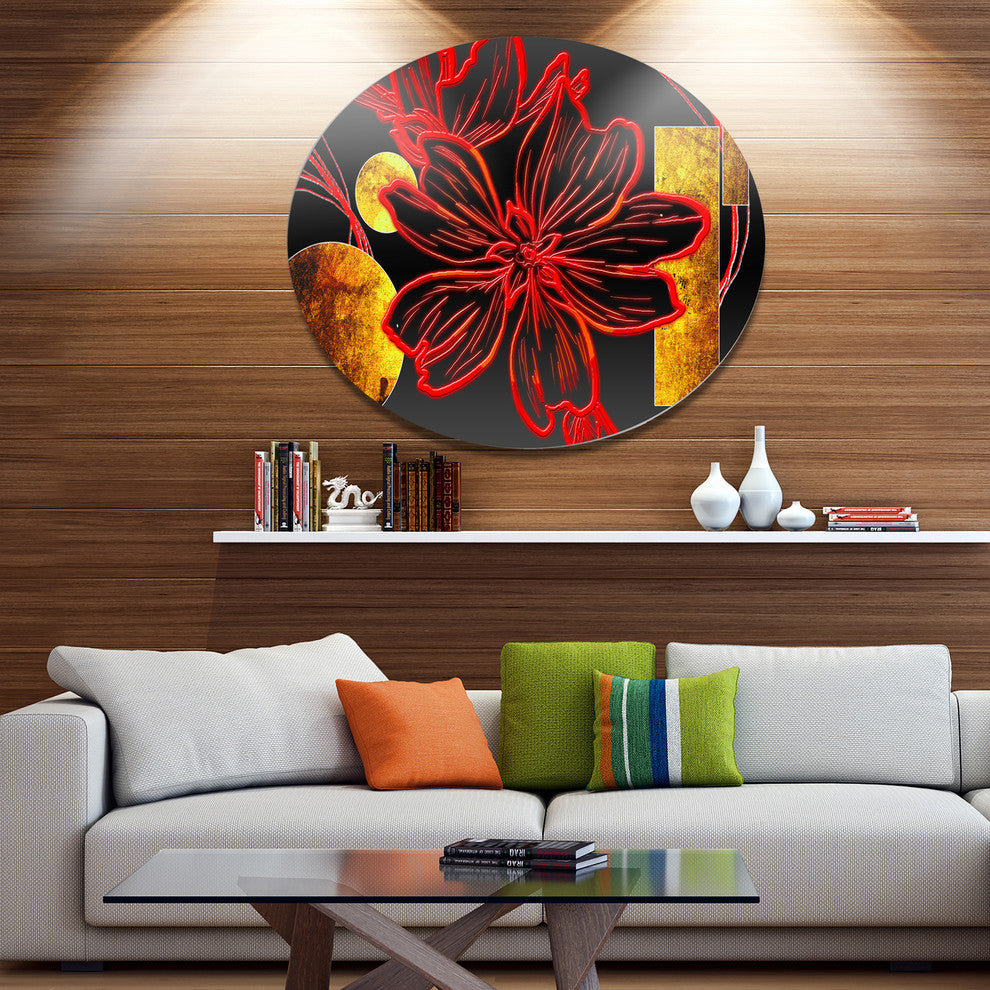 Abstract Red Flower Painting, Modern Flower Disc Metal Artwork, 38"