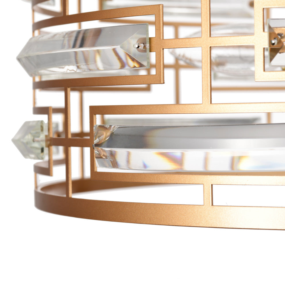 Sue Drum Shade Chandelier With Clear Glass Crystal Prism 6-light, Glossy Brass,
