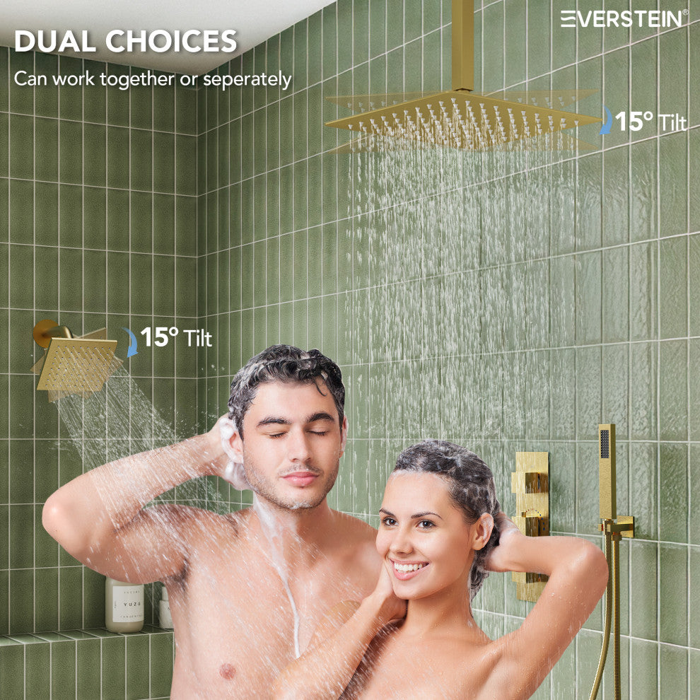 12" and 6" Dual Shower Heads With Themostatic Rough in-Valve, Brushed Gold