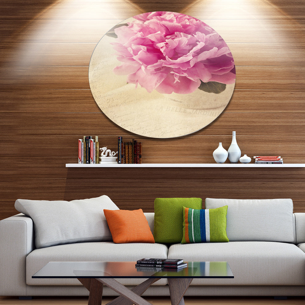 Peony Flowers In Vase On Table, Floral Disc Metal Wall Art, 36"