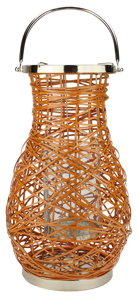 16.25" Modern Orange Woven Iron Pillar Candle Lantern with Glass Hurricane