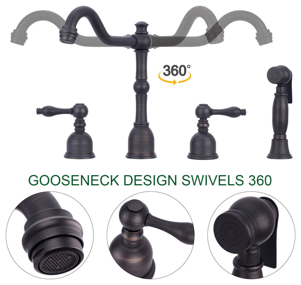 Two-Handles Copper Widespread Kitchen Faucet with Side Sprayer, Oil Rubbed Bronze