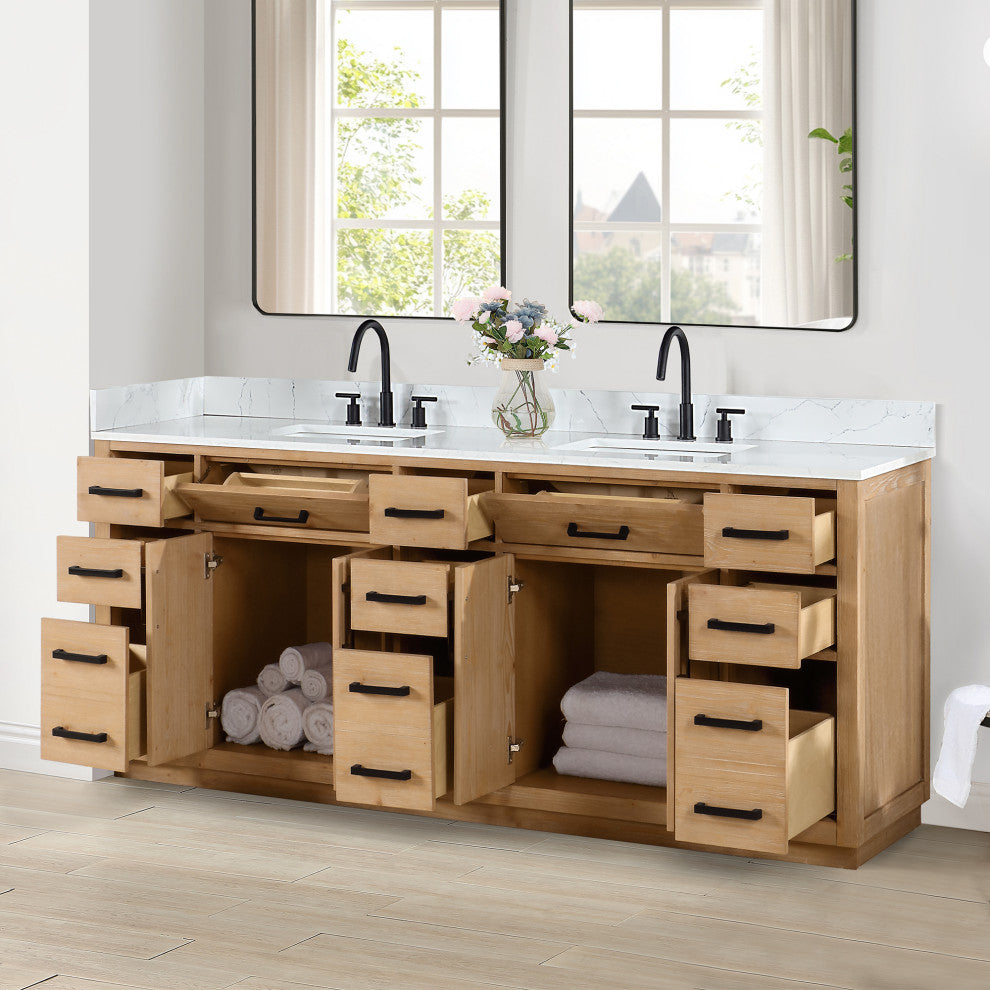 Gavino Vanity With Grain White Composite Stone Top, Light Brown/Matte Black, 84", No Mirror