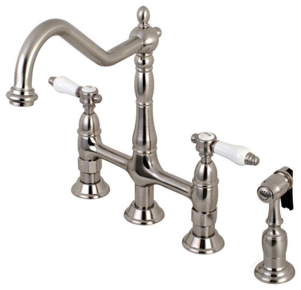 Kingston Brass Bridge Kitchen Faucet With Brass Sprayer, Brushed Nickel
