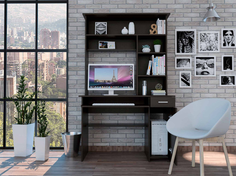 Weston 2 Computer Desk, With 2 Drawers, 6 Shelves And Hutch, Black Wengue
