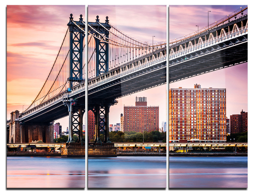 "Manhattan Bridge Under Purple Sky" Photo Metal Wall Art, 3 Panels, 36"x28"
