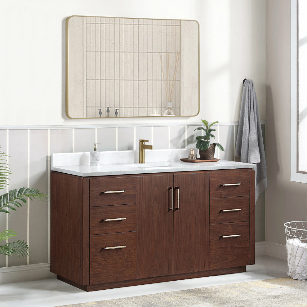 San Bath Vanity with Stone Top, Natural Walnut, 60" Single Sink, Single Vanity, No Mirror