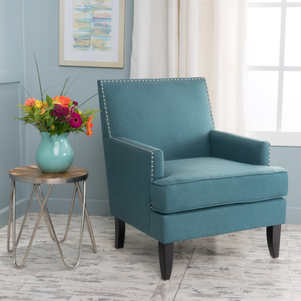 GDF Studio Talette Studded Sky Blue Fabric Club Chair, Dark Teal