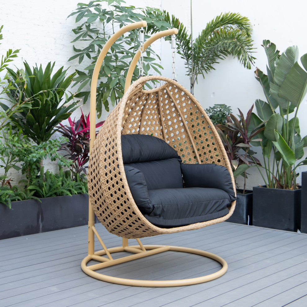 LeisureMod Mendoza Light Brown Wicker Hanging Double Egg Swing Chair, Black