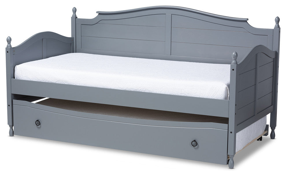 Treena Cottage Farmhouse Wood Twin Size Daybed With Roll-Out Trundle Bed, Gray